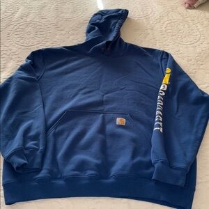 Gently loved Carhartt Navy Hoodie with Logo Sleeve “Missing Draw String” Unisex